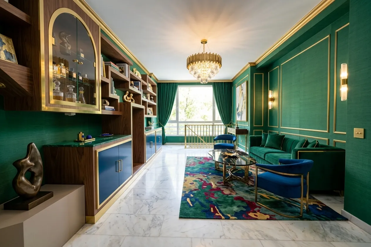 El mismo salón amueblado con home staging virtual de IA: paredes verdes, sofá de terciopelo y lámpara de araña